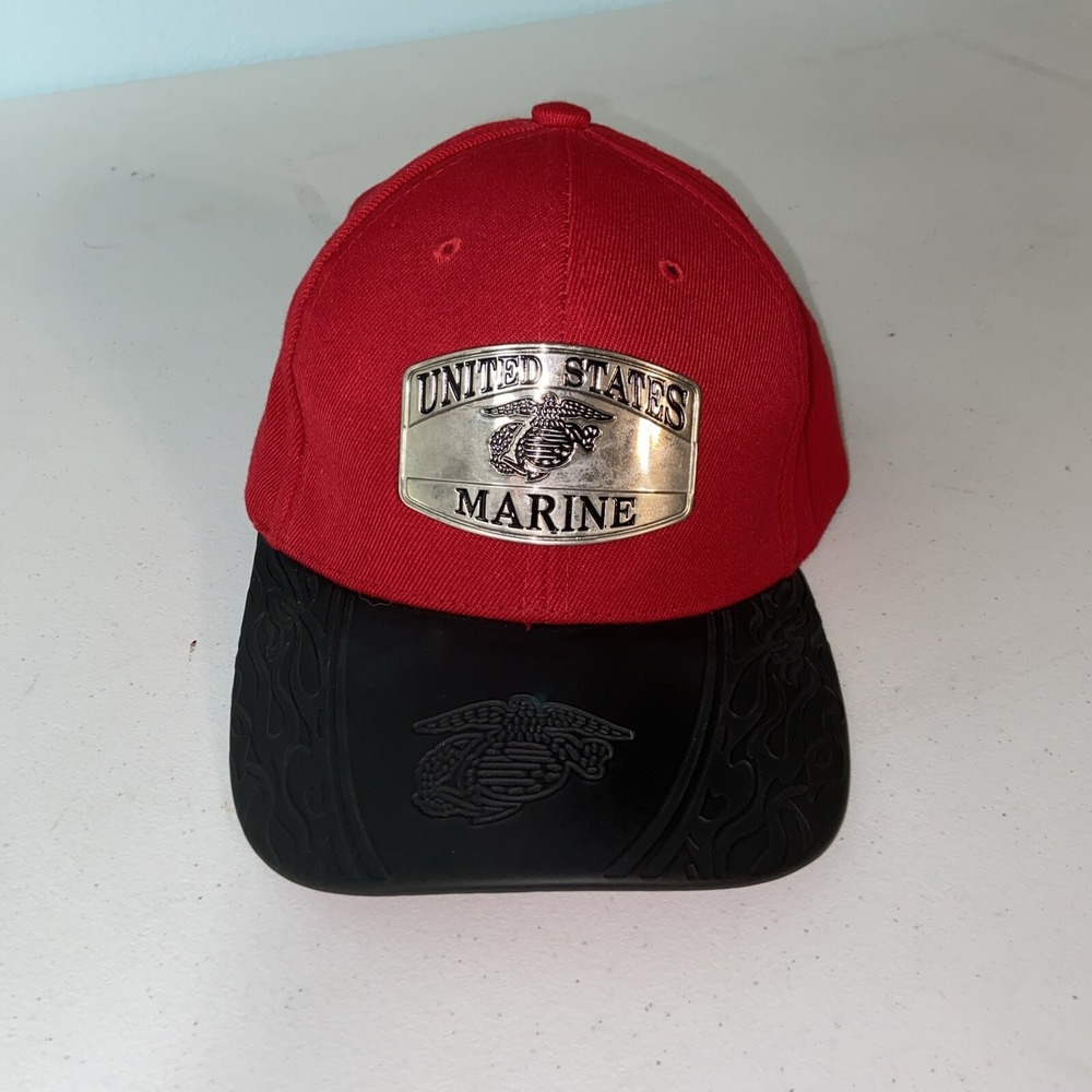 City Hunter Mens United States Marine Hat Metal Logo Red Black Baseball Cap OS
